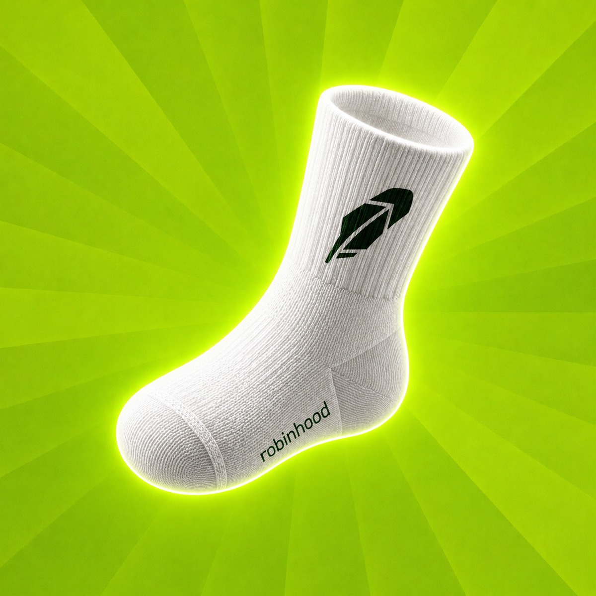 $memesock — white crew sock on an acid-green sunburst